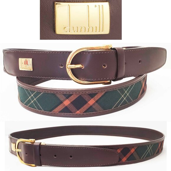 Dunhill Mens Vintage Dress Belt Green Brown Plaid Gold Tone Buckle Made In Italy - Picture 1 of 9